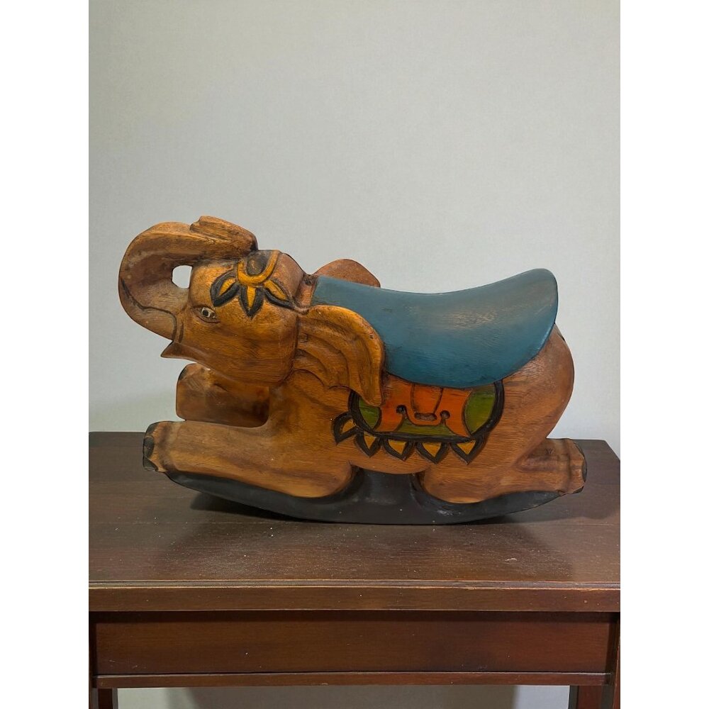 Hand-Carved Wooden Elephant Rocking Figurine With Colorful Painted Details vinta